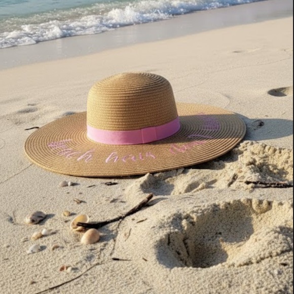 Accessories - Straw Sun Hat with Pink Band and Text